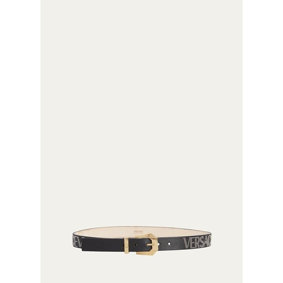 Versace Logo Studded Allover Leather Belt Black Gold $975 Large 90 cm New w/tag - Picture 3 of 10